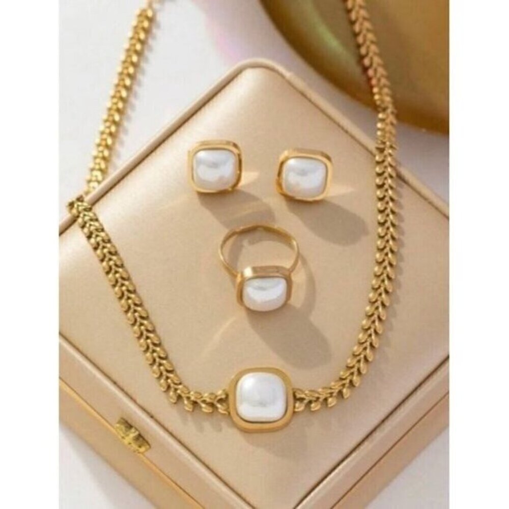 3pcs/Set Stainless Steel Square Pendant Set With Faux Pearl  Earrings And Ring - Picture 2 of 3